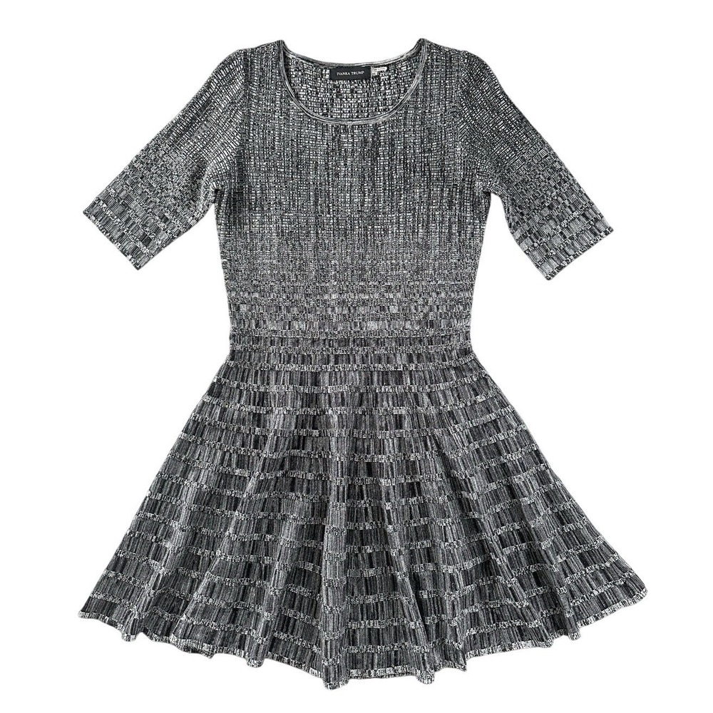 Ivanka Trump Knit Sweater Dress M Fit Flare Circle Marled Gray Black Knee Length